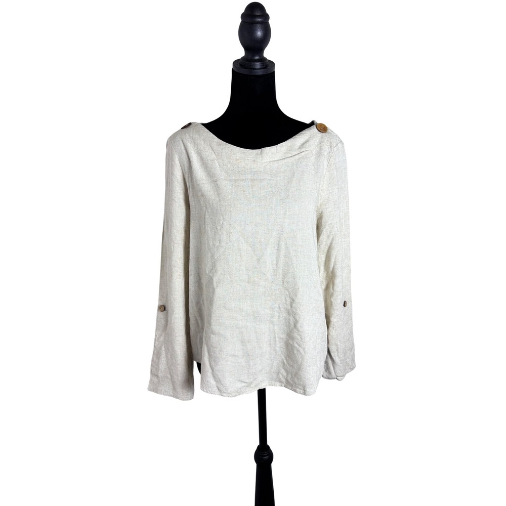 Emery Rose Blouse Womens Medium Oatmeal Boatneck Button Detail Linen Mix Top